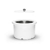 White ice cream bowl and lid with a silver interior on a white background