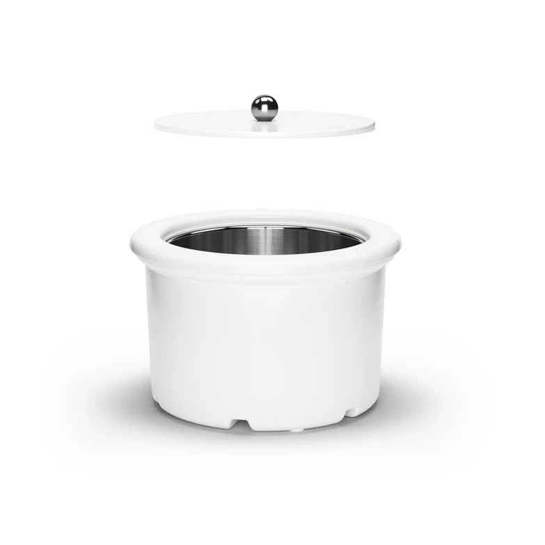 White ice cream bowl and lid with a silver interior on a white background