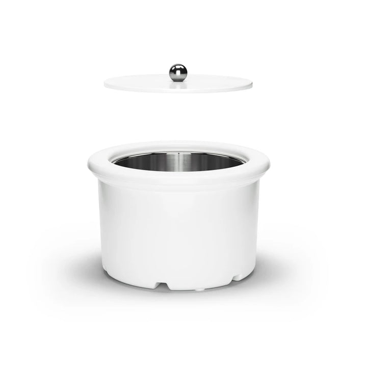 White ice cream bowl and lid with a silver interior on a white background