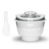 White ice cream attachment and ice cream paddle with on a white background, featuring the Ankarsrum brand.