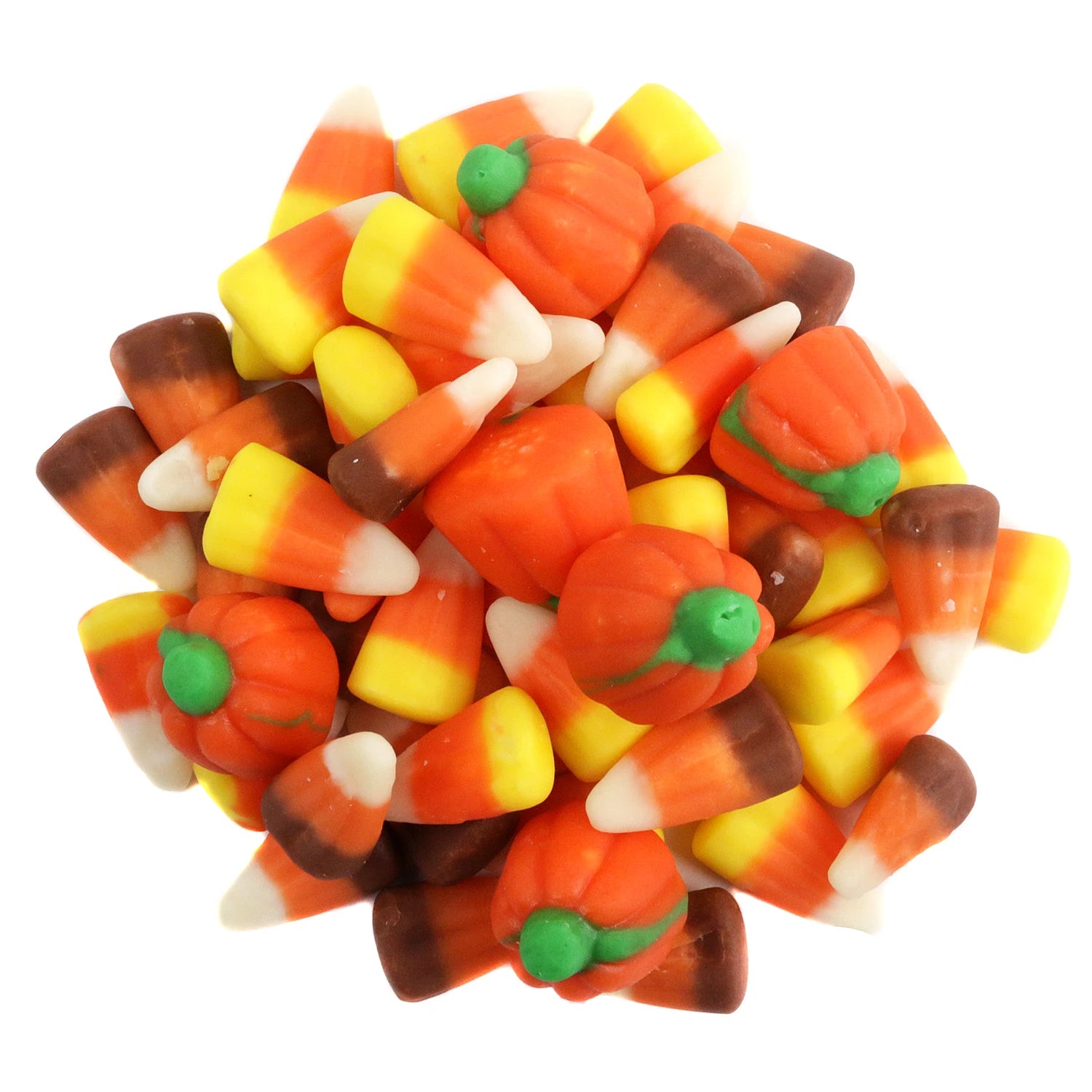 Pile of colorful candy corn and small pumpkins on a white background