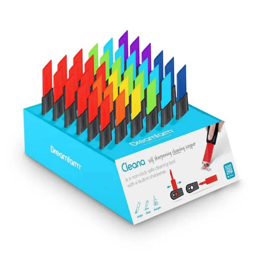 Set of colorful cleaning tools in a blue holder on a white background