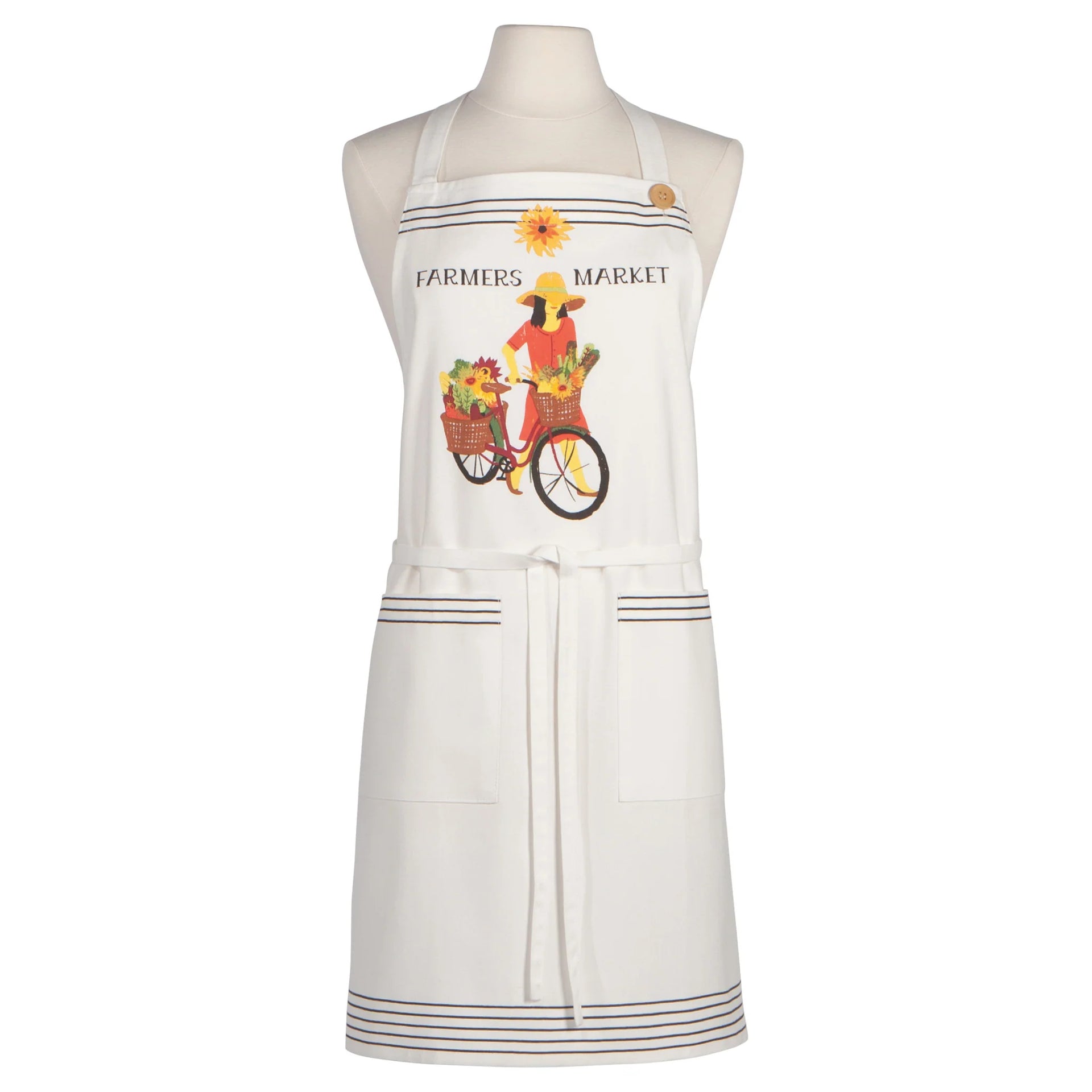 White apron with a colorful graphic of a person on a bike with a basket and text 'Farmers Market' on a white background.