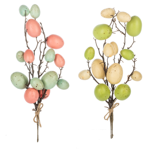 Decorative branches with colorful eggs on a white background