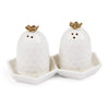 White beehive salt and pepper shakers with gold bees on a matching tray.