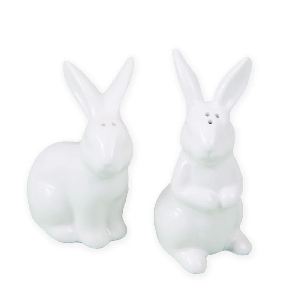 Two white rabbit-shaped salt and pepper shakers on a white background