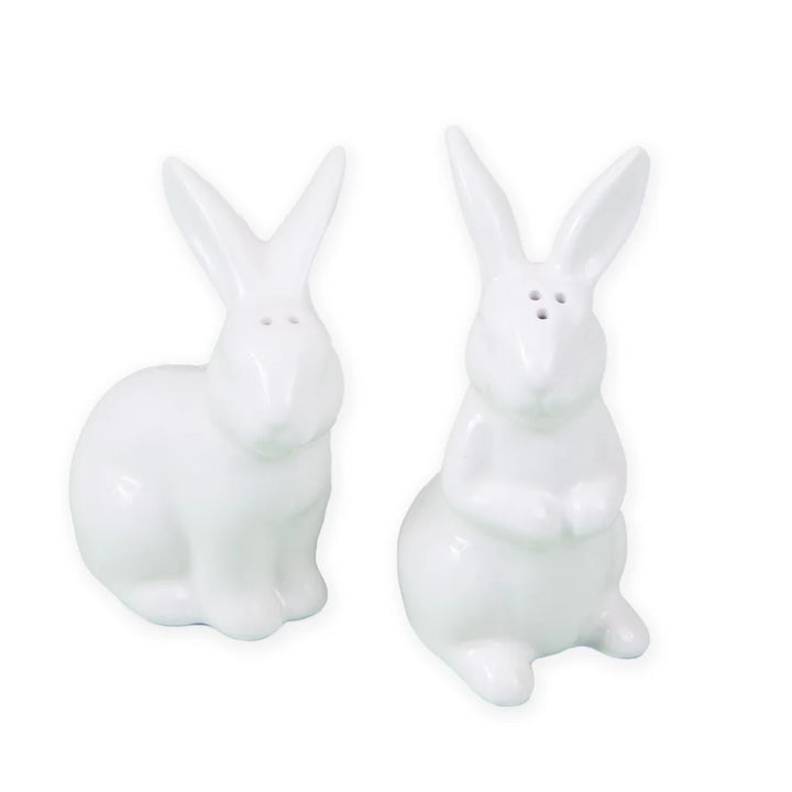 Two white rabbit-shaped salt and pepper shakers on a white background