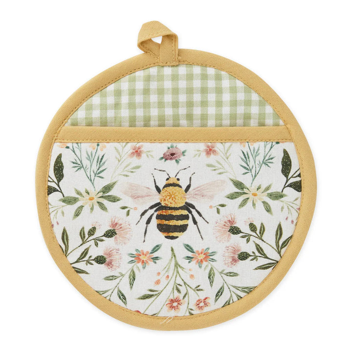 Round pot holder with bee and floral design on a white background