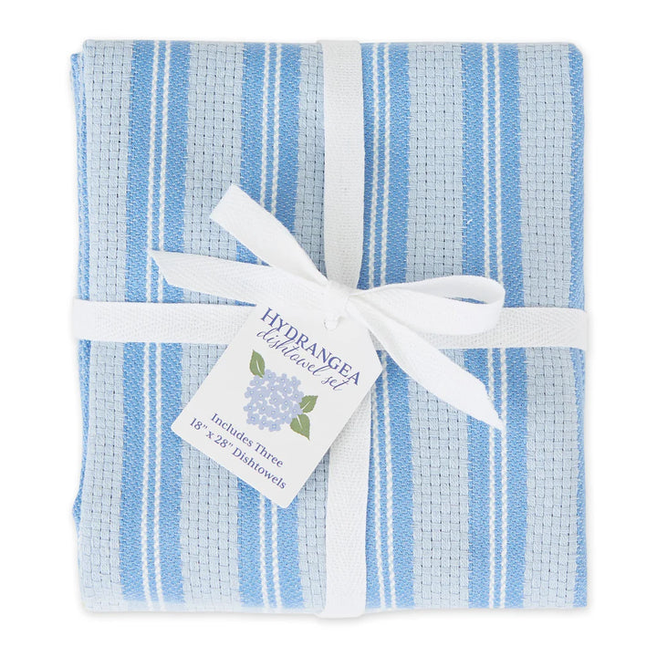 Packaged set of blue and white striped towels with a tag on a white background
