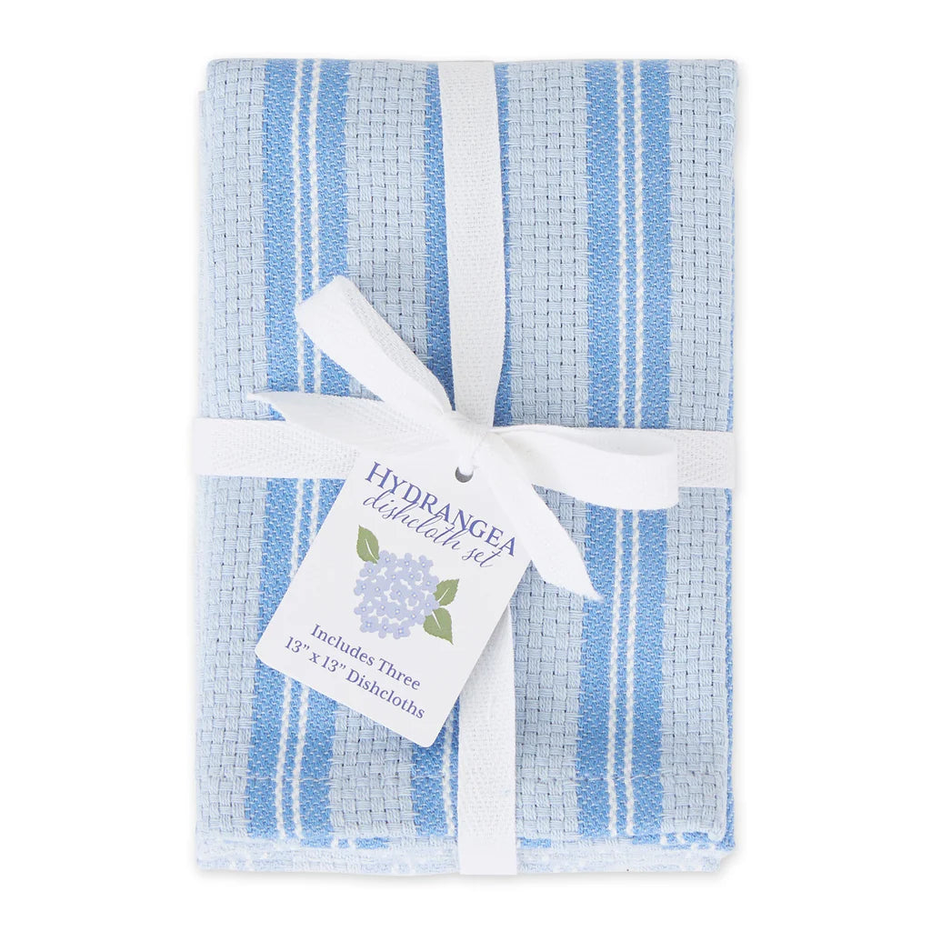 Packaged set of blue and white striped dishcloths with a white ribbon and tag on a white background.