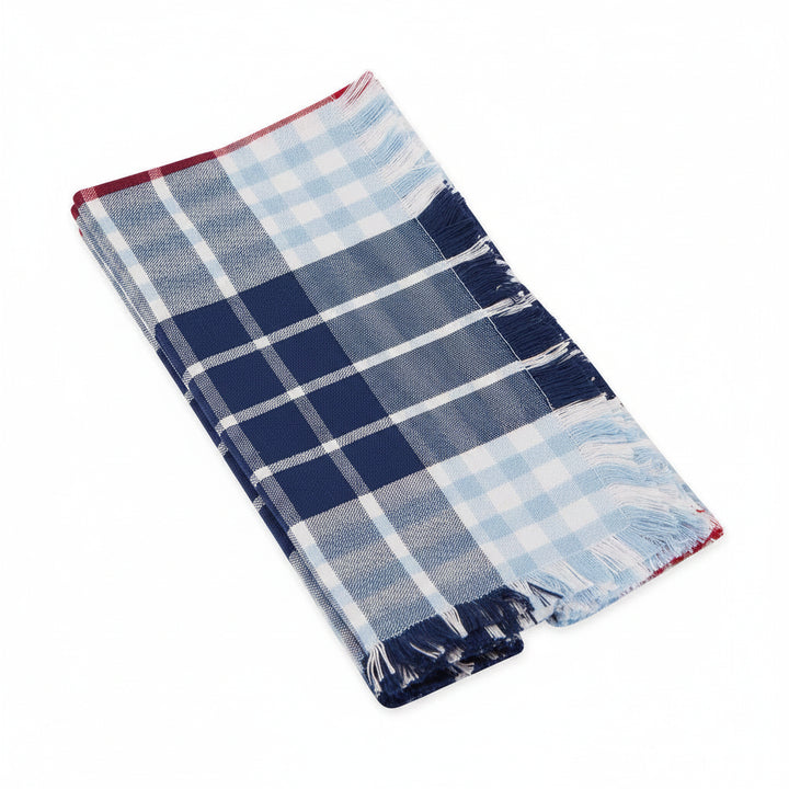 Set of blue plaid napkins with a white ribbon and on a white background