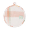 Round potholder with plaid pattern and a small square patch on a white background
