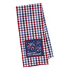 Red, white, and blue checkered towel with a firework design and text on a white background