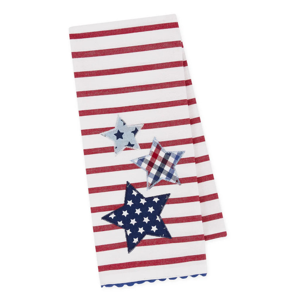 Striped towel with star designs on a white background