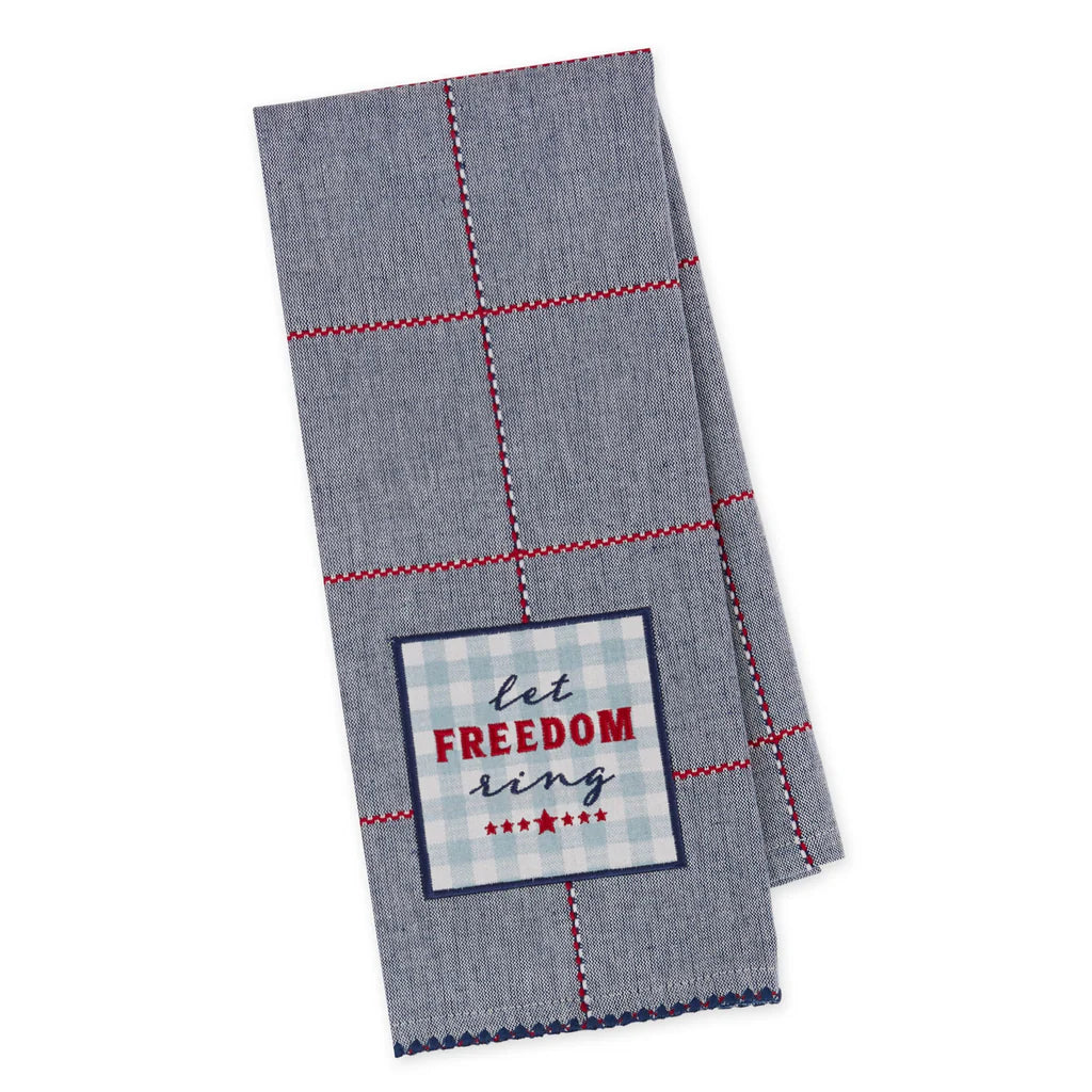 Gray towel with red stripe and 'let freedom ring' text on a white background
