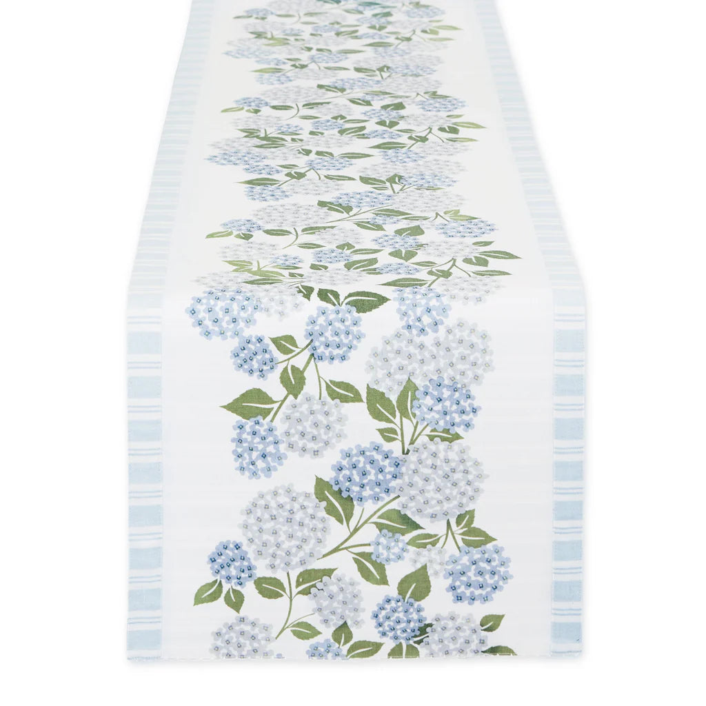 Table runner with blue floral pattern on a white background