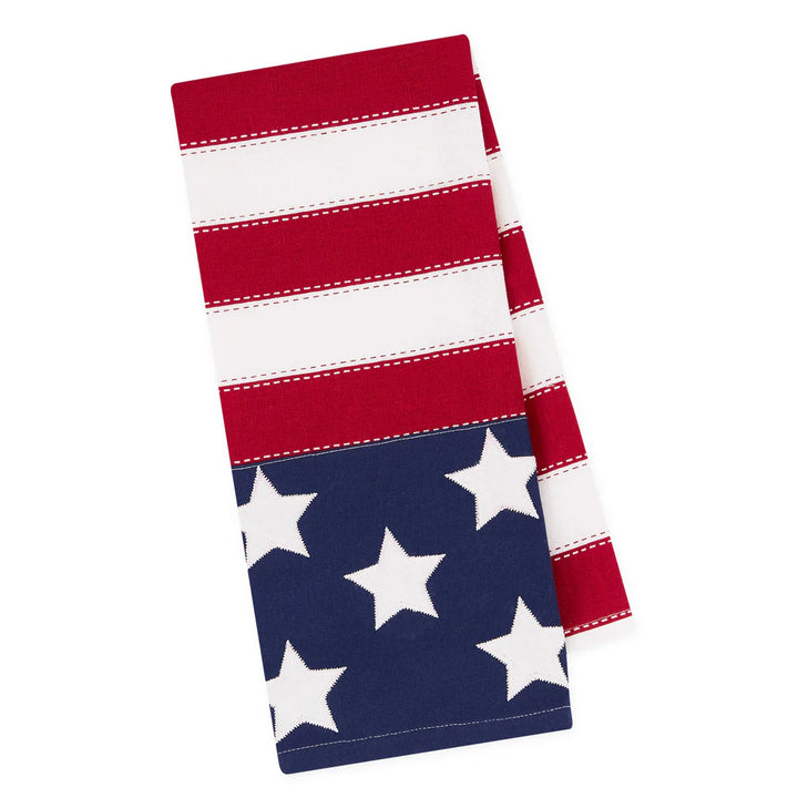 Towel with red, white, and blue pattern on a white background