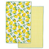 Two kitchen towels, one with lemon pattern and one with yellow checkered pattern, on a white background.