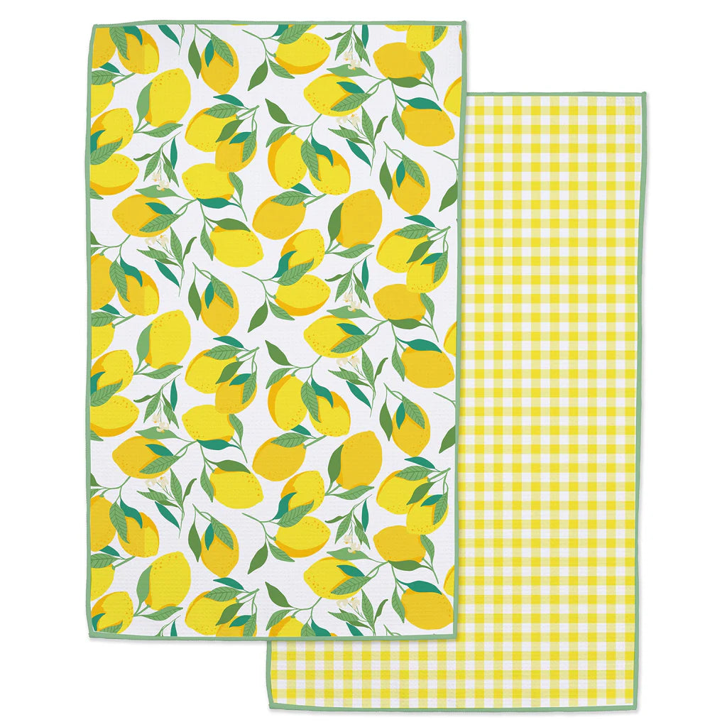 Two kitchen towels, one with lemon pattern and one with yellow checkered pattern, on a white background.