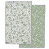 Two green patterned towels on a white background