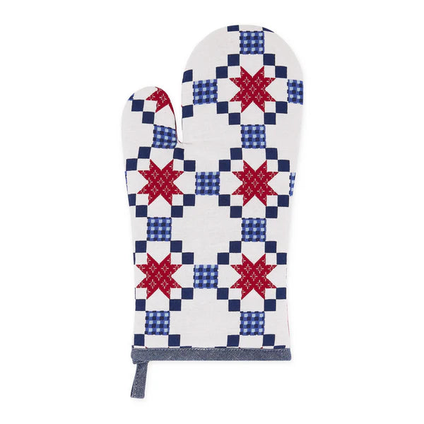 Oven mitt with red and blue star pattern on a white background