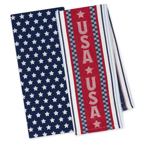 Two American flag-themed towels with star pattern and 'USA' text. Towels are featured on a white background.
