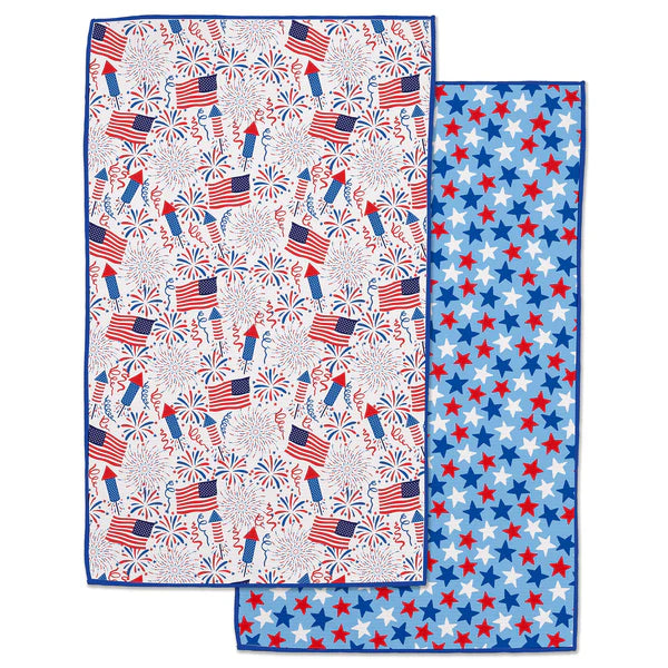 Two patriotic-themed towels with American flag and star designs. Towels are featured on a white background.