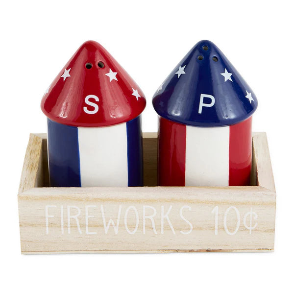 Red, white, and blue salt and pepper shakers in a wooden box with 'FIREWORKS 10¢' text.