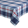 Blue and red checkered tablecloth on a white background