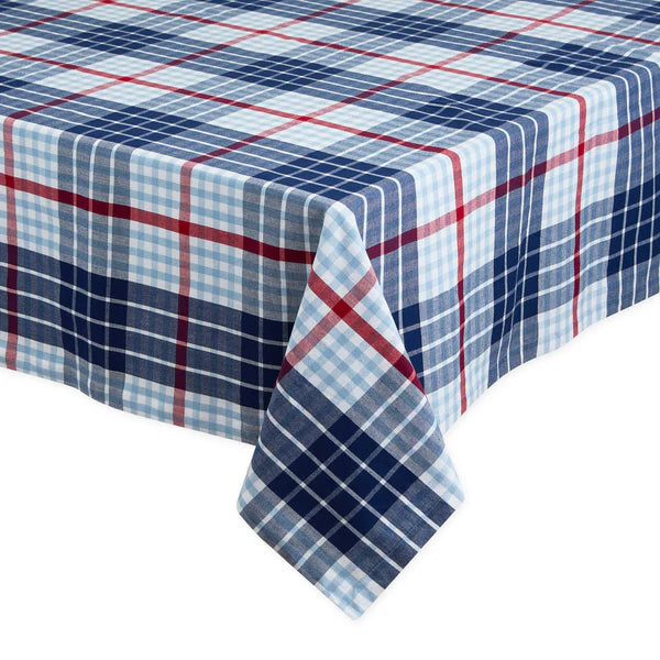 Blue and red checkered tablecloth on a white background