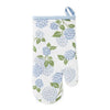 Oven mitt with blue floral pattern on a white background