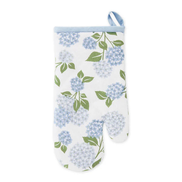 Oven mitt with blue floral pattern on a white background
