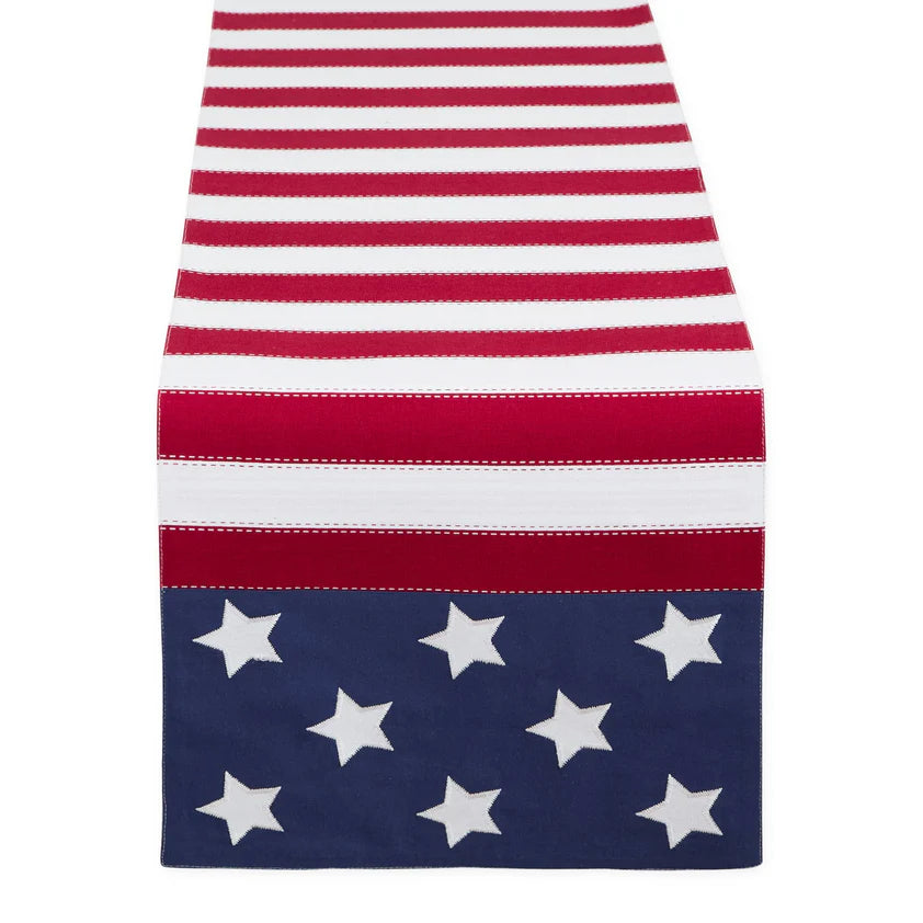 Table runner with American flag pattern on a white background
