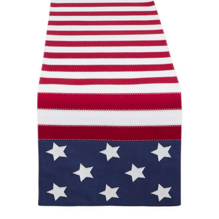 Table runner with American flag pattern on a white background