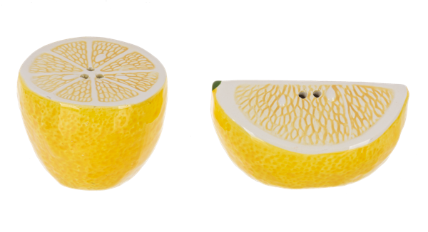 Two lemon salt and pepper shakers on a white background