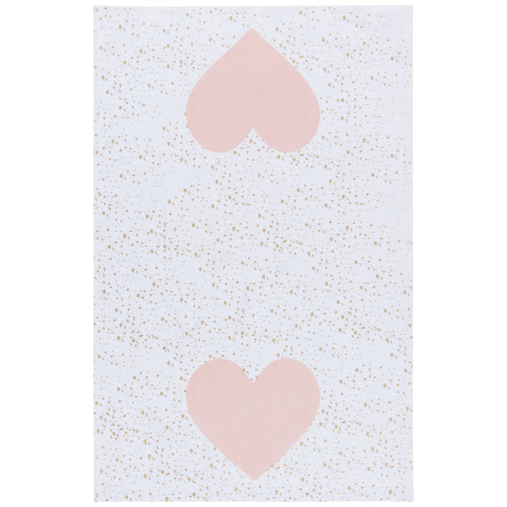 Two pink hearts on a white background with a subtle gold fleck pattern