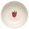 White stoneware bowl with a strawberry decoration on a white background