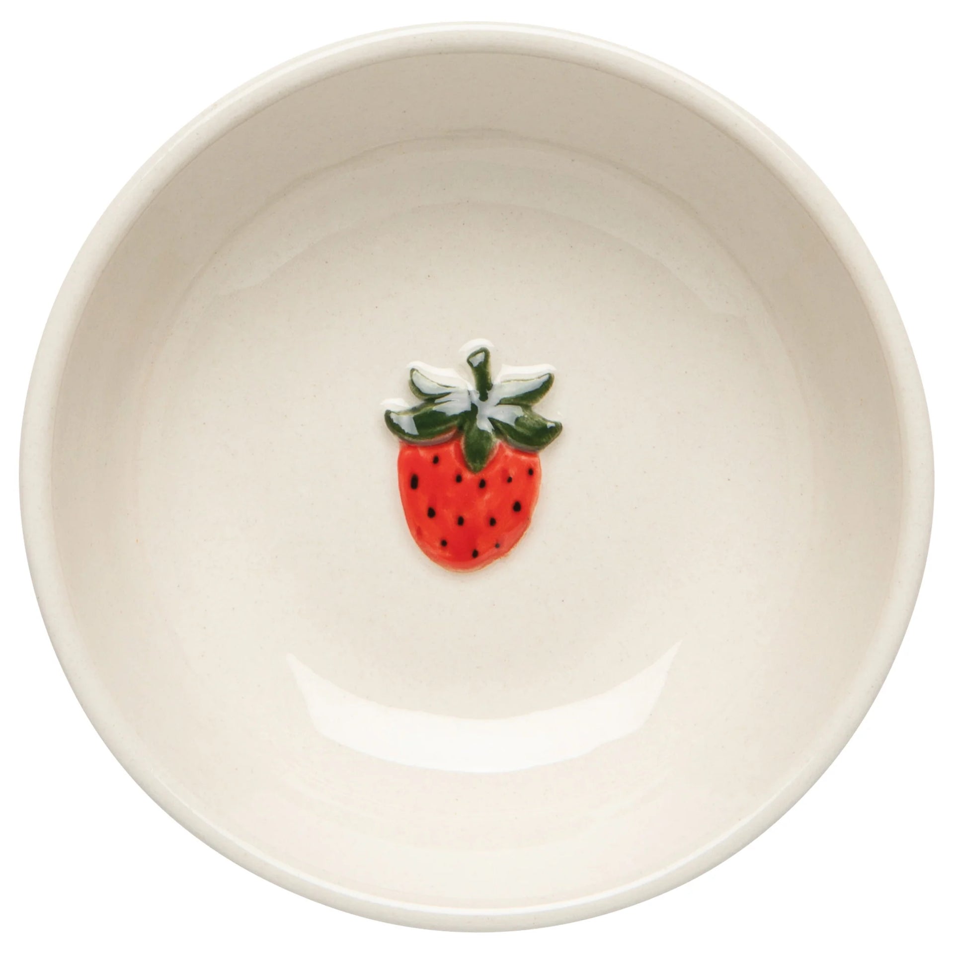 White stoneware bowl with a strawberry decoration on a white background