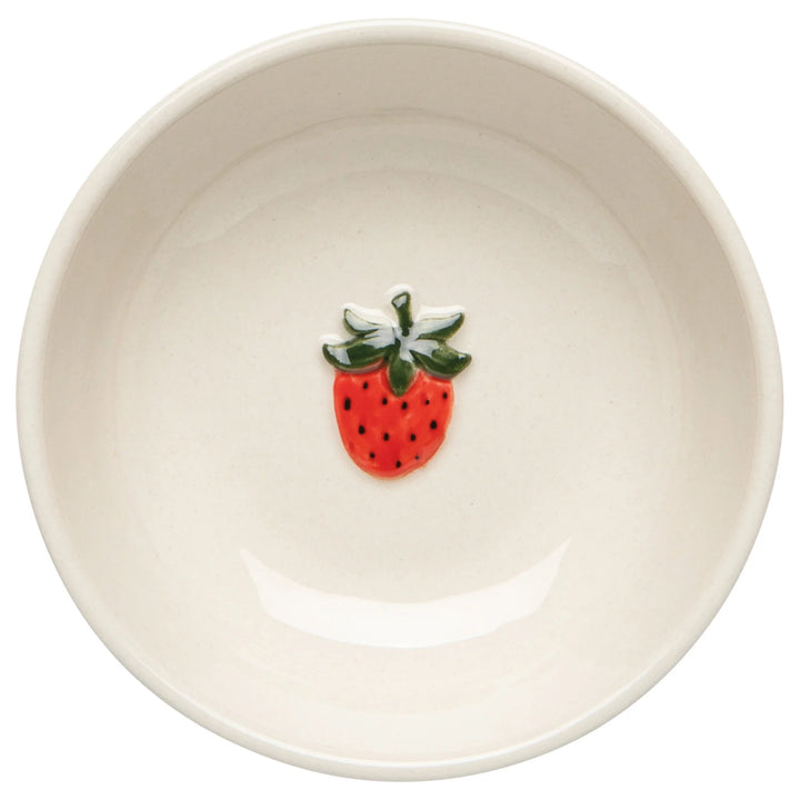 White stoneware bowl with a strawberry decoration on a white background