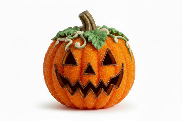 A clear ribbed pumpkin chocolate mold on a black background with printed text at the bottom.