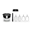 Mixing bowl, attachments, and stand on a white background