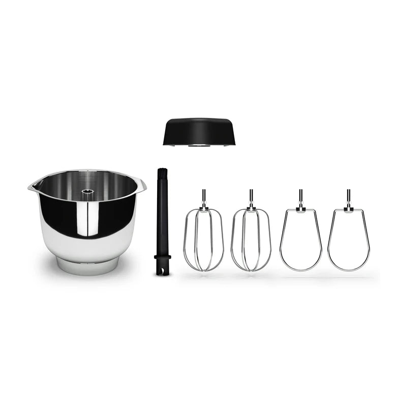 Mixing bowl, attachments, and stand on a white background