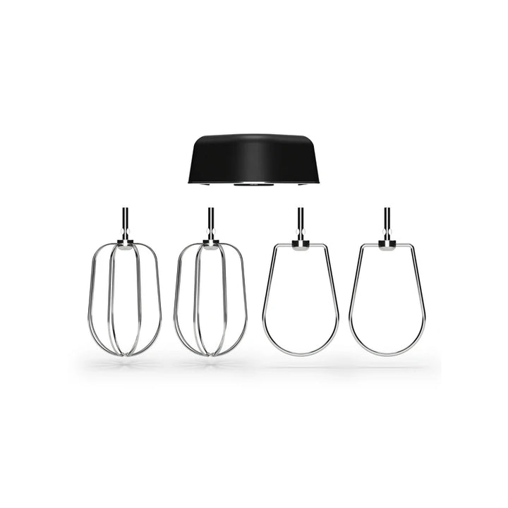 Set of four premium beaters and the beater housing mechanism on a white background.