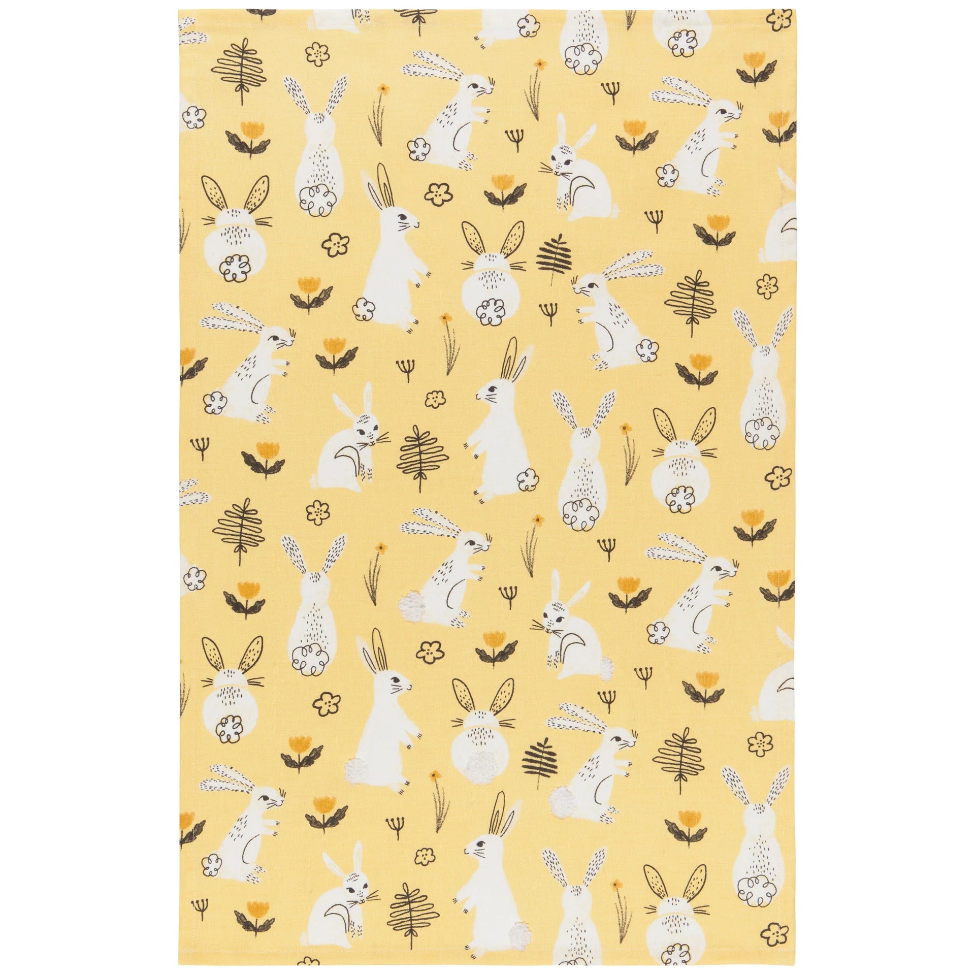Patterned fabric with white rabbits and plants on a yellow background