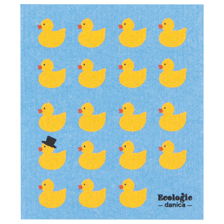 Dishcloth with yellow rubber ducks on a blue background with 'Ecologie danica' branding.