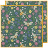 Floral and bee patterned dish cloths with colorful flowers and bees on a green background.
