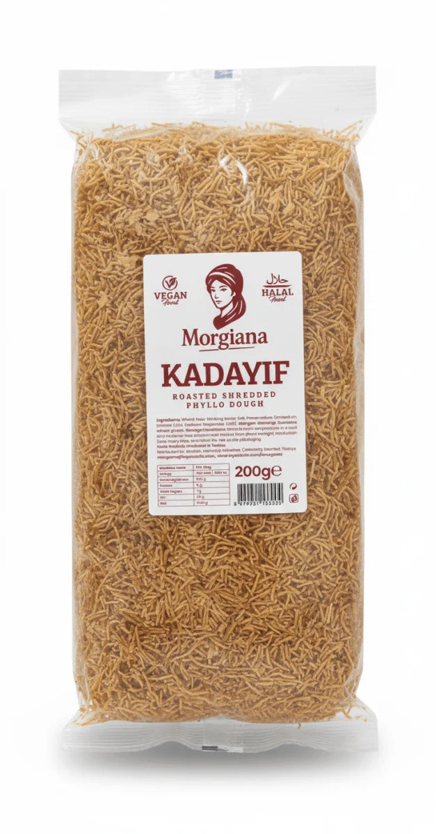 A 200g bag of Morgiana Kadayif Roasted Shredded Phyllo Dough, showing the golden-brown dough strands through a clear plastic packaging with a white label.