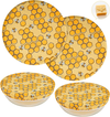Set of beeswax bowl covers with honeycomb and bee pattern on a white background