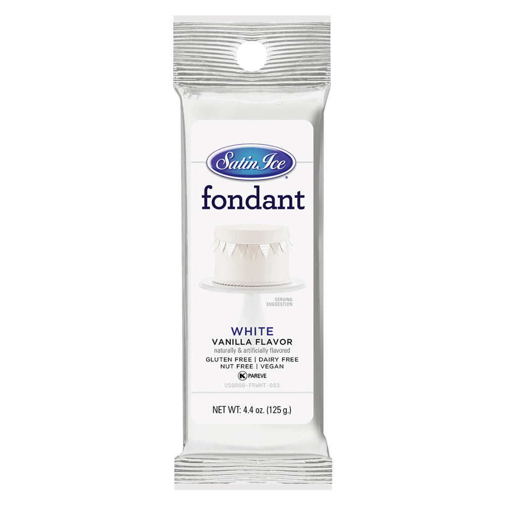 Packaging of Satin Ice fondant in white vanilla flavor on a white background
