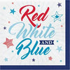 Decorative paper napkin with 'Red White Blue' text and star designs on a white background.